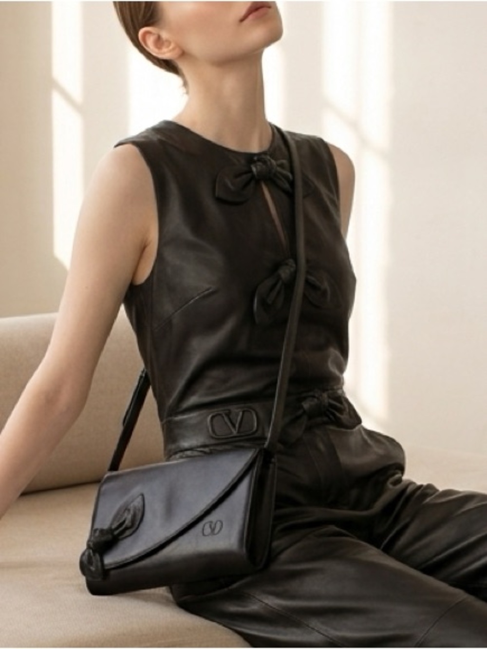 VALENTINO Garavani Vintage Ribbon Leather Clutch Crossbody Bag in Black Leather